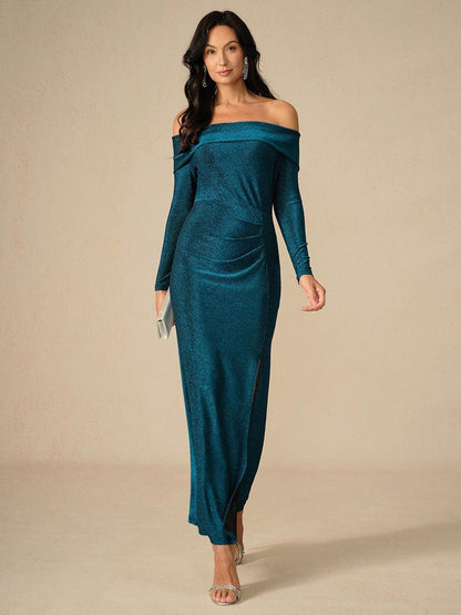 Elegant Teal Off-Shoulder Ruched Gown