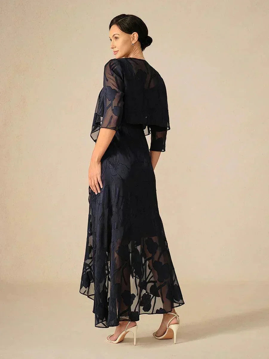 Navy Floral Chiffon Evening Gown Sleeveless A-Line Dress with Asymmetrical Hem for Weddings Formal Events msglamor Navy Floral Chiffon Evening Gown Sleeveless A-Line Dress with Asymmetrical Hem for Weddings Formal Events msglamor