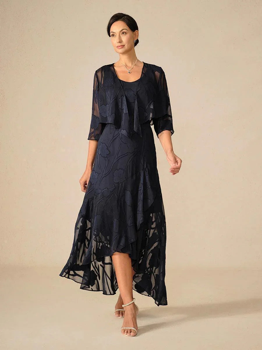 Abito da sera in chiffon floreale blu navy con orlo asimmetrico