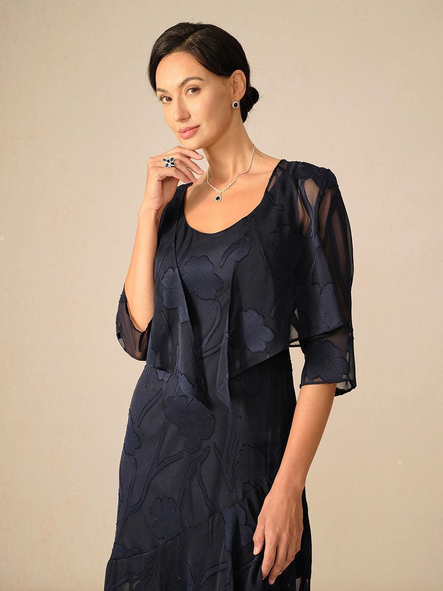 Blomstret gjennomsiktig chiffon cardigan med 3/4-erm