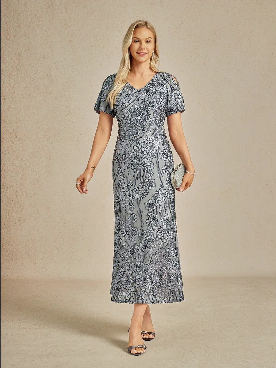 Vestito elegante con scollo a V, spalle scoperte e paillettes