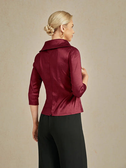 Blusa in taffetà elasticizzato con maniche 3/4 e dettaglio cintura annodata