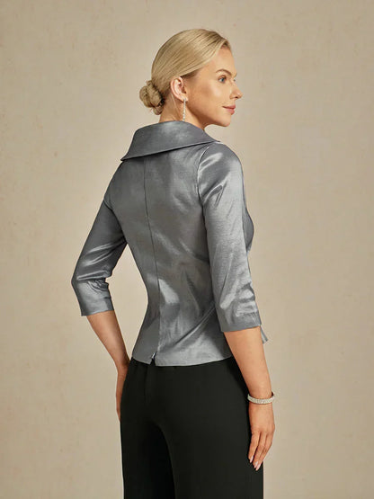 3/4 Sleeve Stretch Taffeta Blouse with Tie Waist Detail