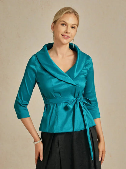 3/4 Sleeve Stretch Taffeta Blouse with Tie Waist Detail