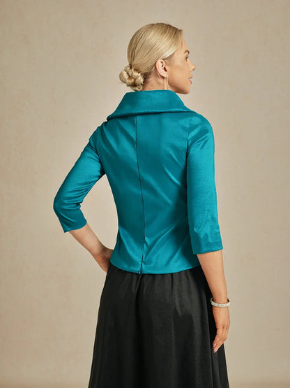 Blusa in taffetà elasticizzato con maniche 3/4 e dettaglio cintura annodata