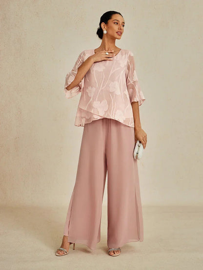 Lace Straight Leg Pant With Chiffon Split Leg Overlay