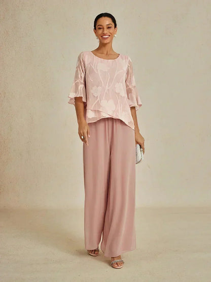 Lace Straight Leg Pant With Chiffon Split Leg Overlay