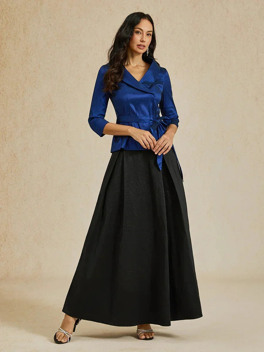 3/4 Sleeve Stretch Taffeta Blouse with Tie Waist Detail