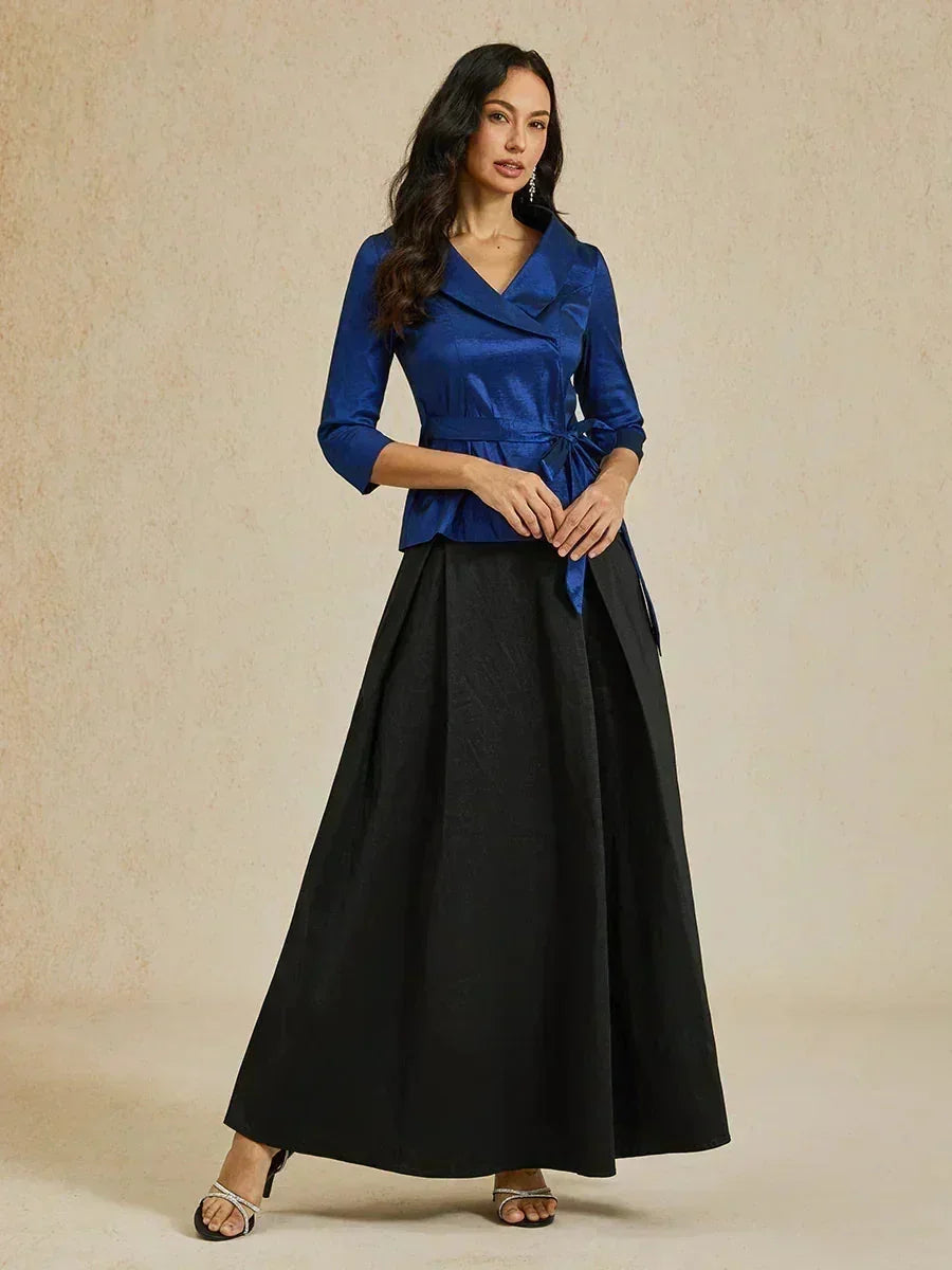 3/4 ermet stretch taftbluse med knytebelte i midjen