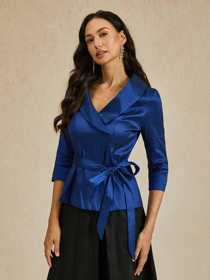 3/4 Sleeve Stretch Taffeta Blouse with Tie Waist Detail