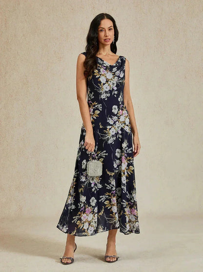 Vestido floral de longitud hasta el té con cuello drapeado y dobladillo con volante