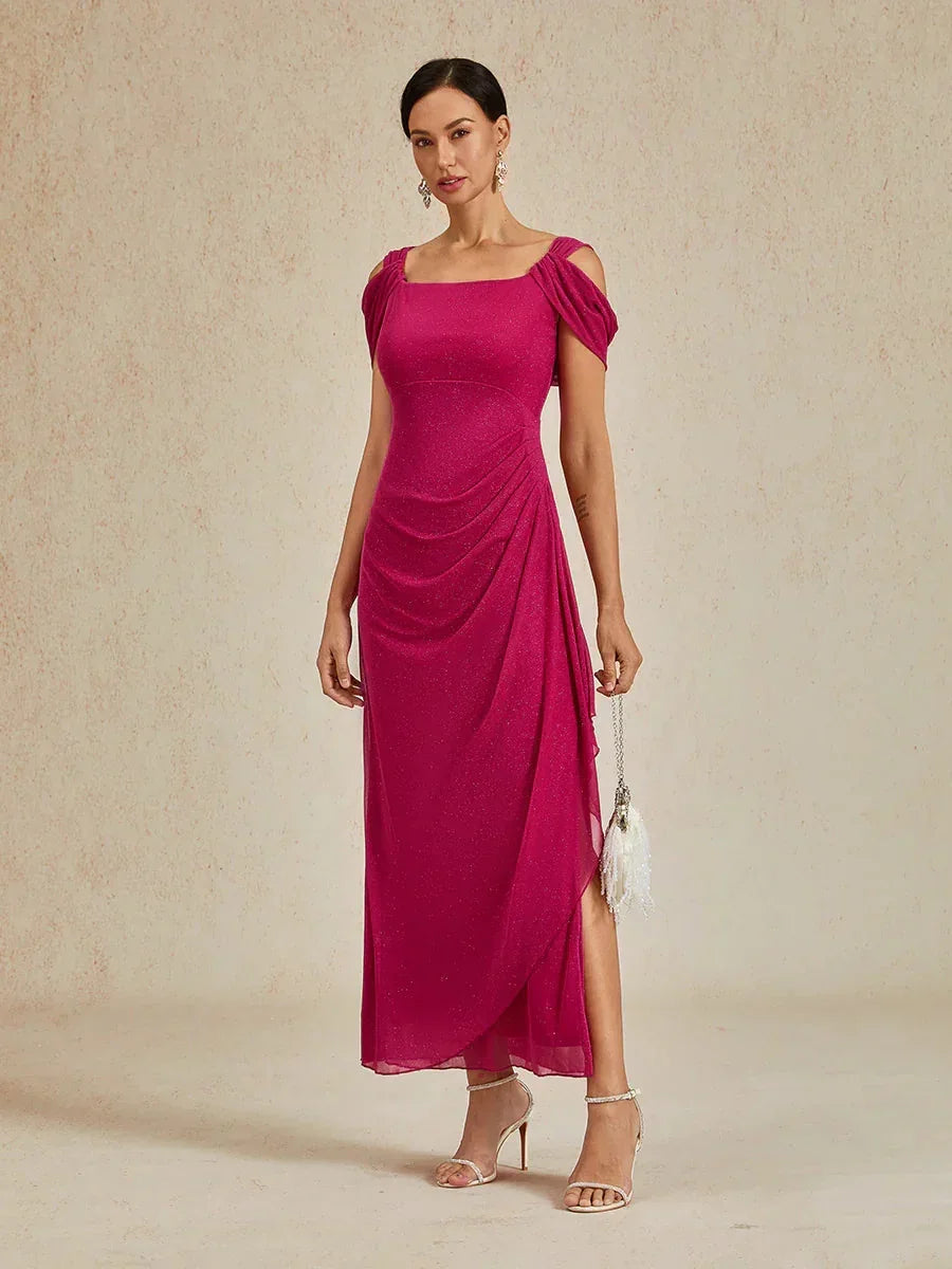 Robe en maille pailletée à épaules dénudées et longueur cheville