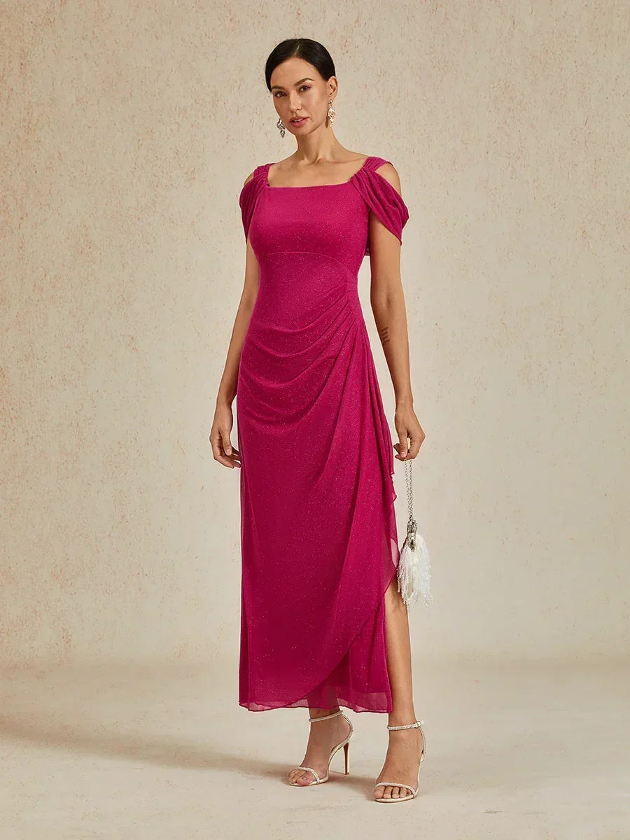Ankle-Length Cold Shoulder Glitter Mesh Dress
