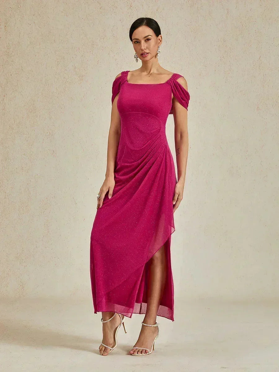 A Line Ankle Length Cold Shoulder Gala Dresses Silver Cowl Neck Wedding Guest Attire For Mature Fashion Women Over 50 Modest, Fuchsia / L A Line Ankle Length Cold Shoulder Gala Dresses Silver Cowl Neck Wedding Guest Attire For Mature Fashion Women Over 50 Modest, Fuchsia / L