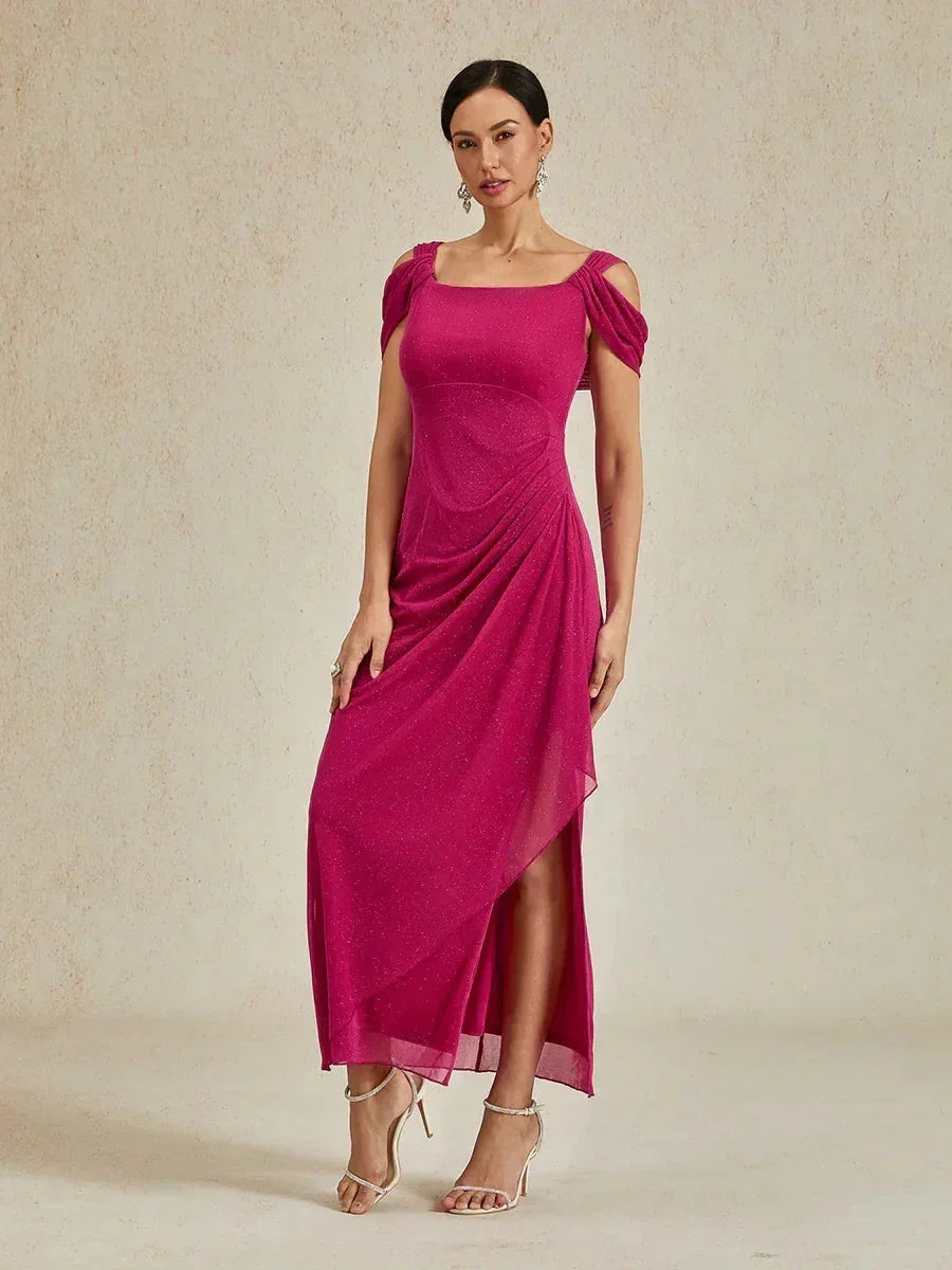 Ankle-Length Cold Shoulder Glitter Mesh Dress