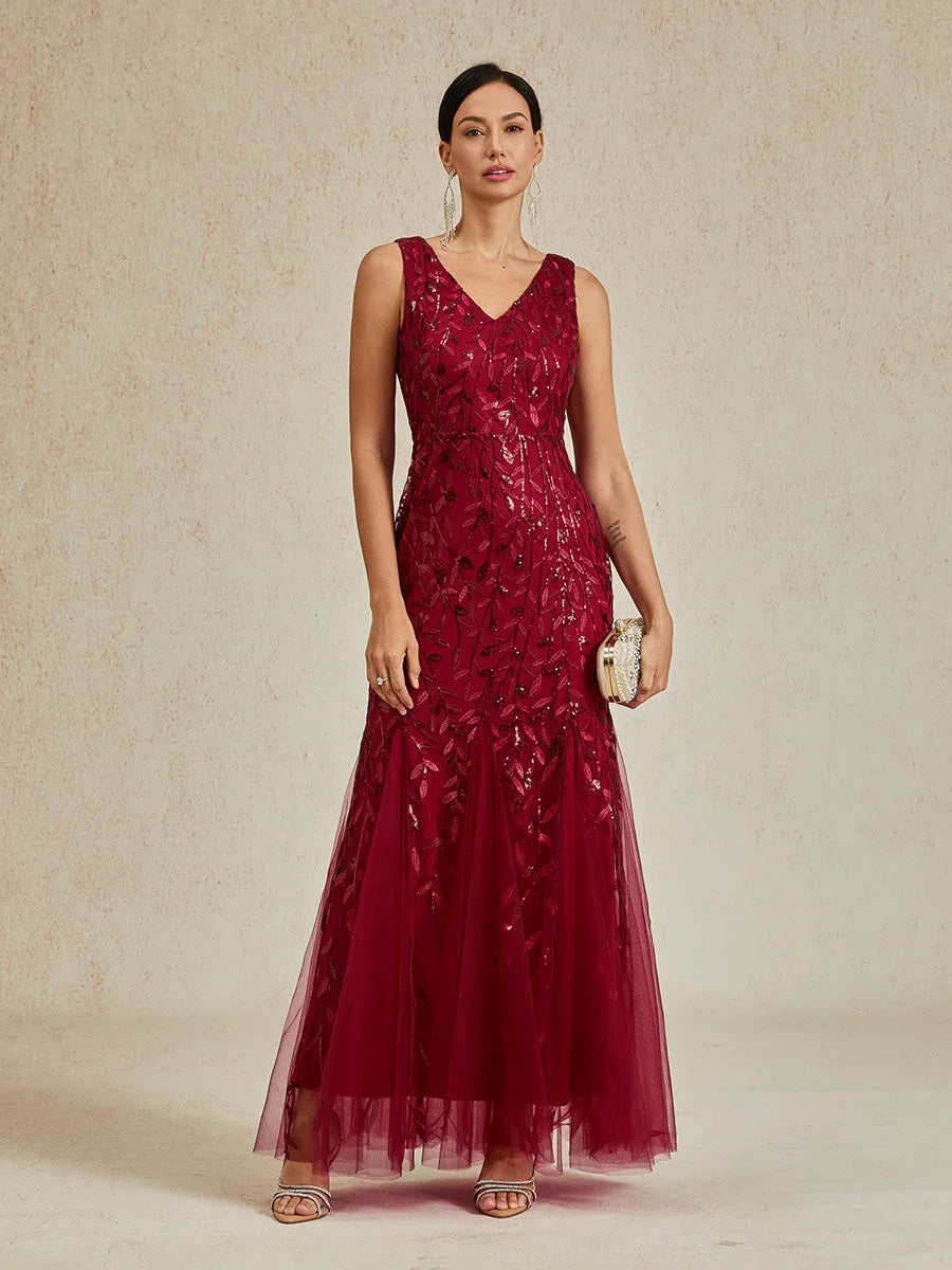 Beaded Sequin Sleeveless V-Neck Mermaid Gown