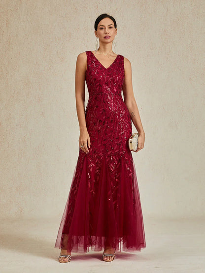 Beaded Sequin Sleeveless V-Neck Mermaid Gown