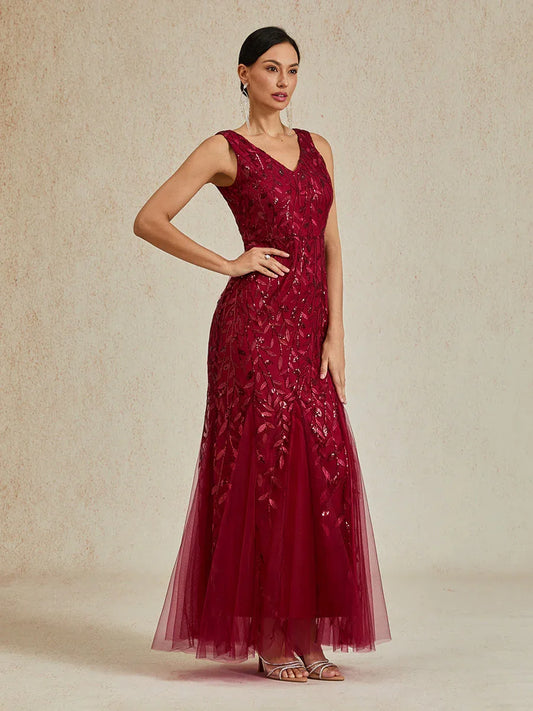 Beaded Sequin Sleeveless V-Neck Mermaid Gown