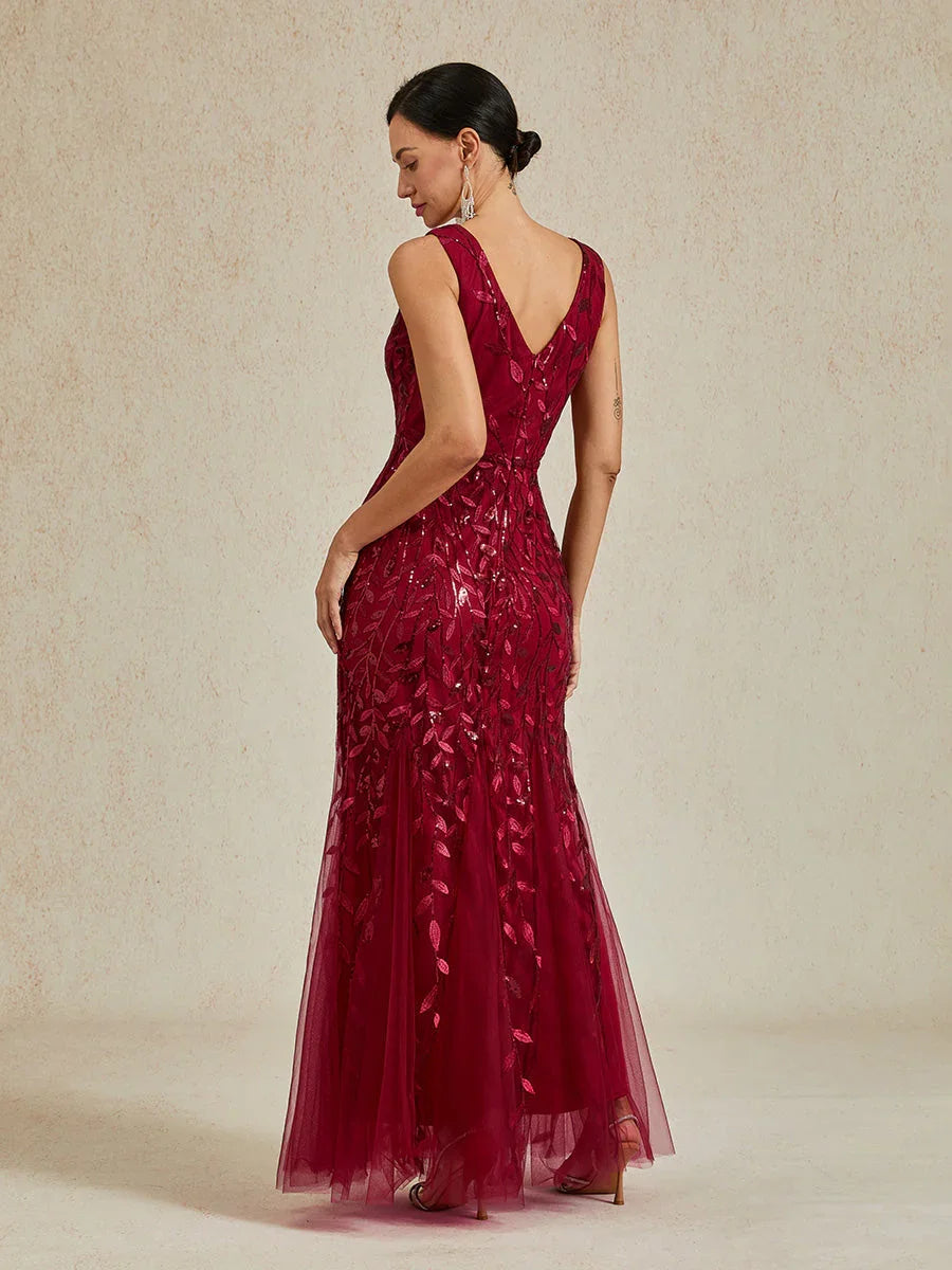 Beaded Sequin Sleeveless V-Neck Mermaid Gown