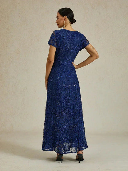 Rosette Lace A-Line Gown with Sequin Embellishment