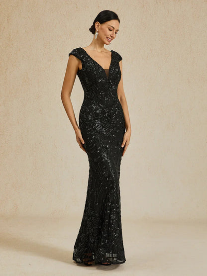 Robe fourreau à col en V et sequins perlés