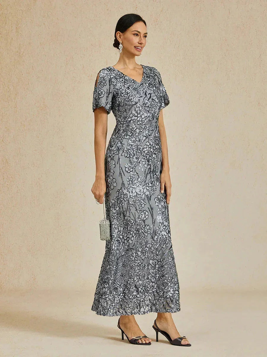 Vestito elegante con scollo a V, spalle scoperte e paillettes