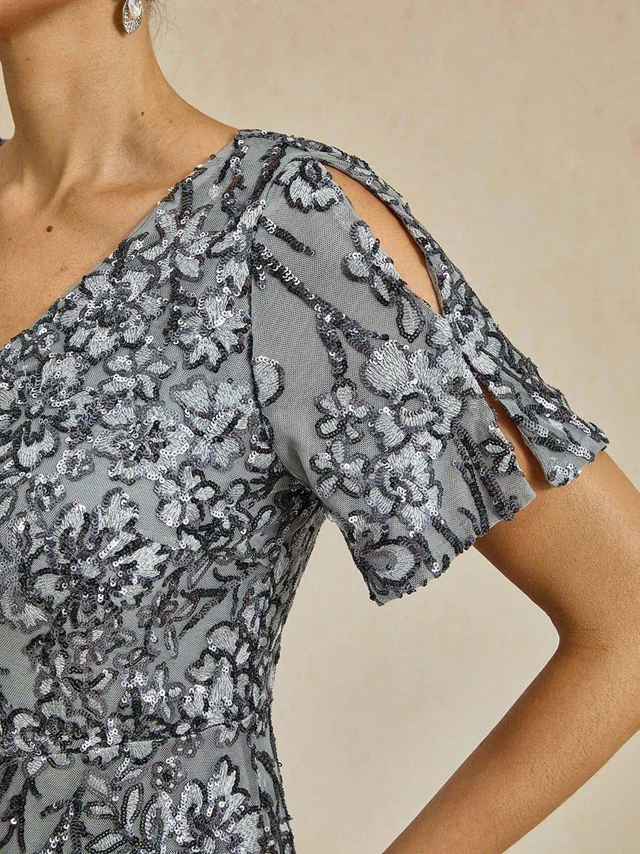 Vestito elegante con scollo a V, spalle scoperte e paillettes