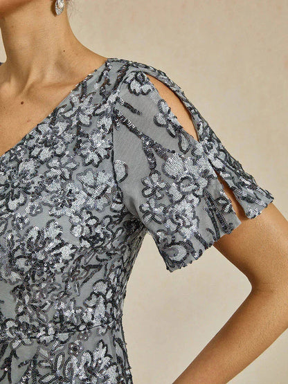 Vestito elegante con scollo a V, spalle scoperte e paillettes