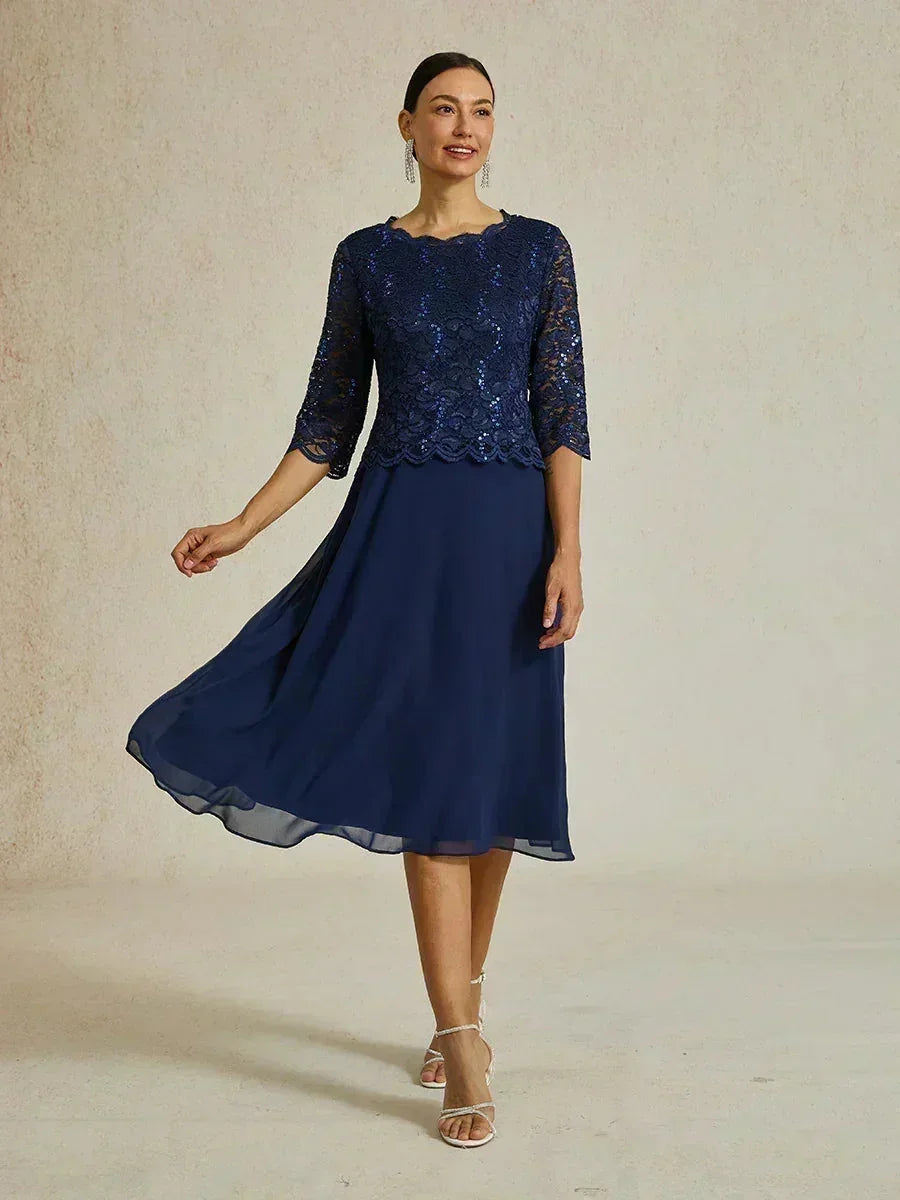 Robe Élégante en Dentelle et Chiffon Mi-Longue