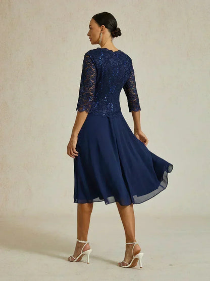 Robe Élégante en Dentelle et Chiffon Mi-Longue