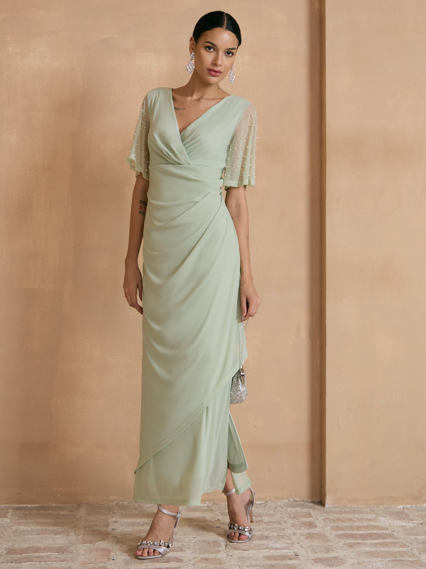 Elegant Formal Dress with Embellished Flutter Sleeves