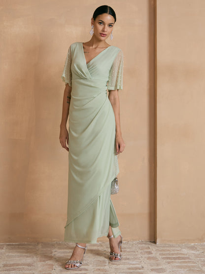 Elegant Formal Dress with Embellished Flutter Sleeves