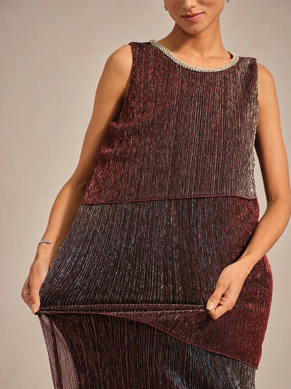 Metallic Pleated Chiffon Midi Dress with Beaded Round Neck