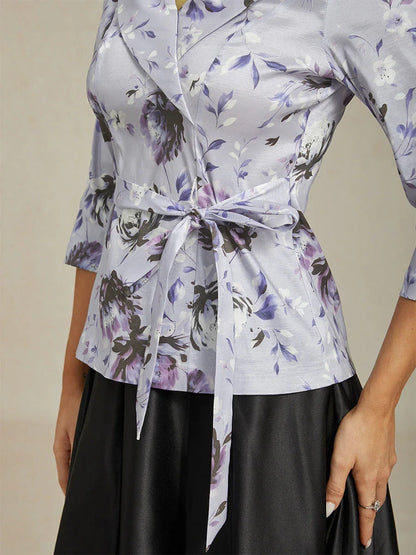 3/4 Sleeve Stretch Taffeta Blouse with Tie Waist Detail