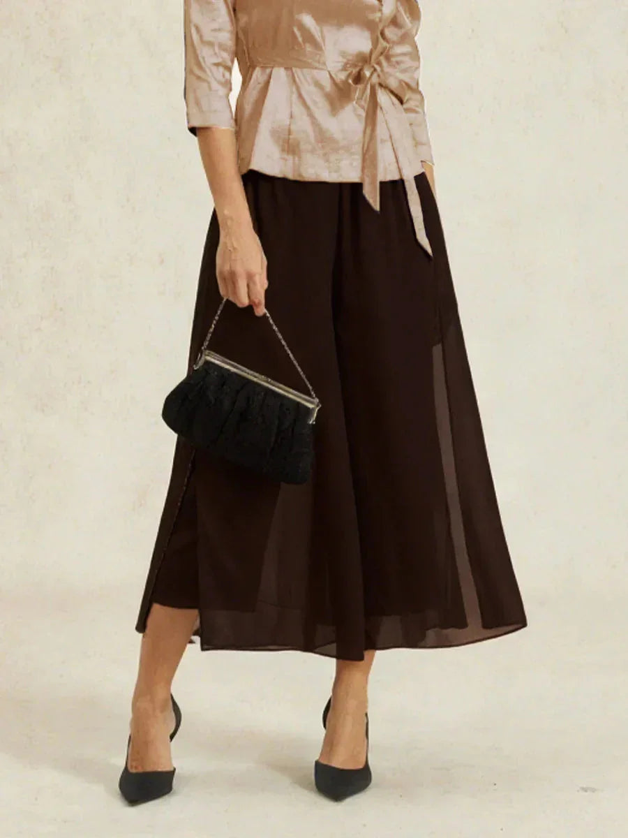Cropped Length Straight Leg Pant With Chiffon Split Leg Overlay
