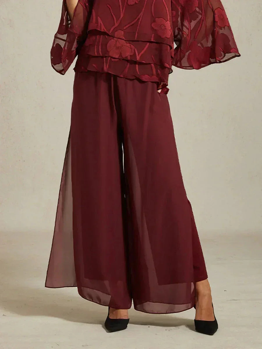 Pantalon droit avec superposition de jambes fendues en mousseline