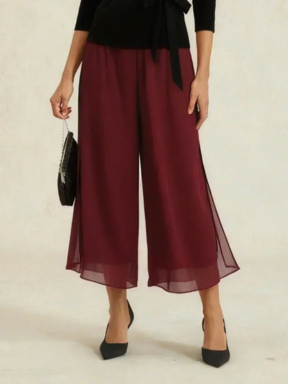 Cropped Length Straight Leg Pant With Chiffon Split Leg Overlay