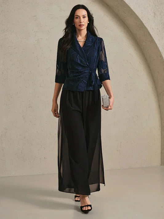 Elegant Floral Chiffon Blouse and Pant Suits