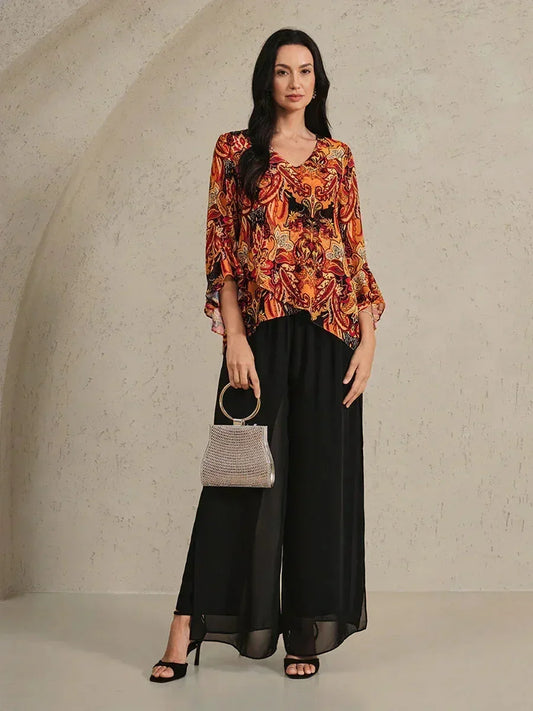 Boho Chiffon Ruffle Sleeve Blouse And Pant Suits