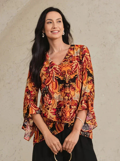 Paisley Chiffon Peasant Blouse with Long Lantern Sleeves