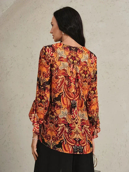 Paisley Chiffon Peasant Blouse with Long Lantern Sleeves