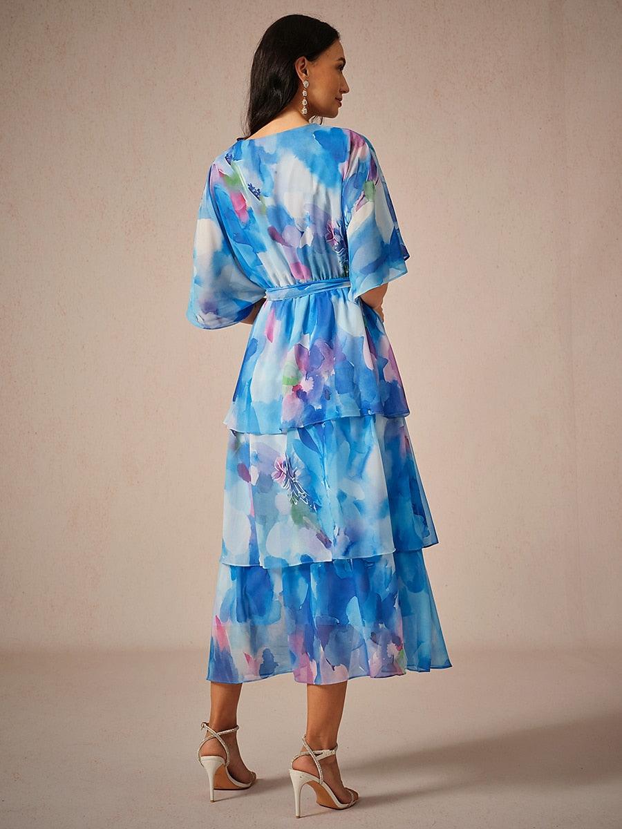 Chiffon Layered Ruffle V Neck Tye Dye Dress-S13258899