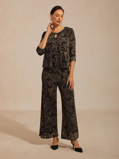 Paisley Straight Leg Knit Pants with Subtle Sequin Detail