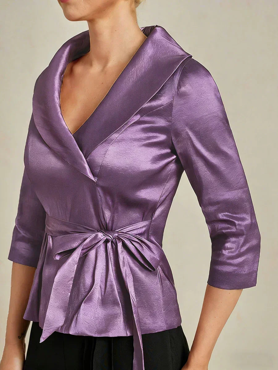 3/4 Sleeve Stretch Taffeta Blouse with Tie Waist Detail