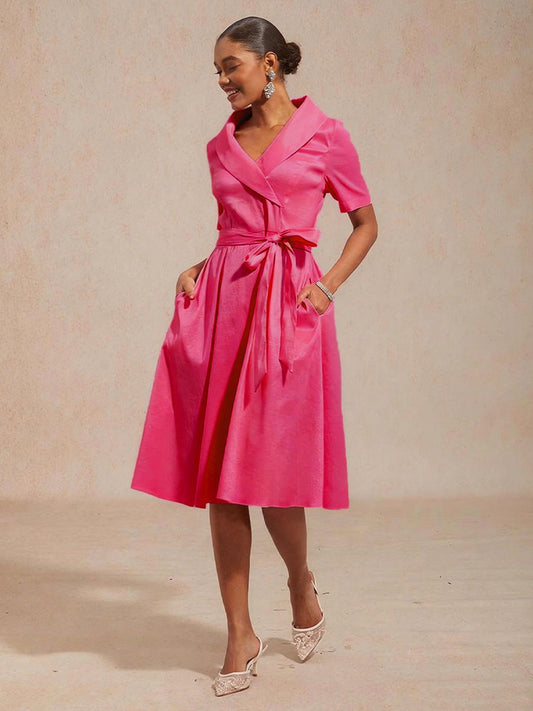 Collar Stretch Taffeta Dress with Tie Waist Belt