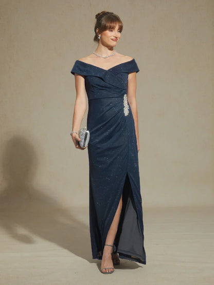 Off-Shoulder Floor-Length Gown with Rhinestone Detail