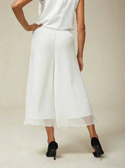 Cropped Length Straight Leg Pant With Chiffon Split Leg Overlay
