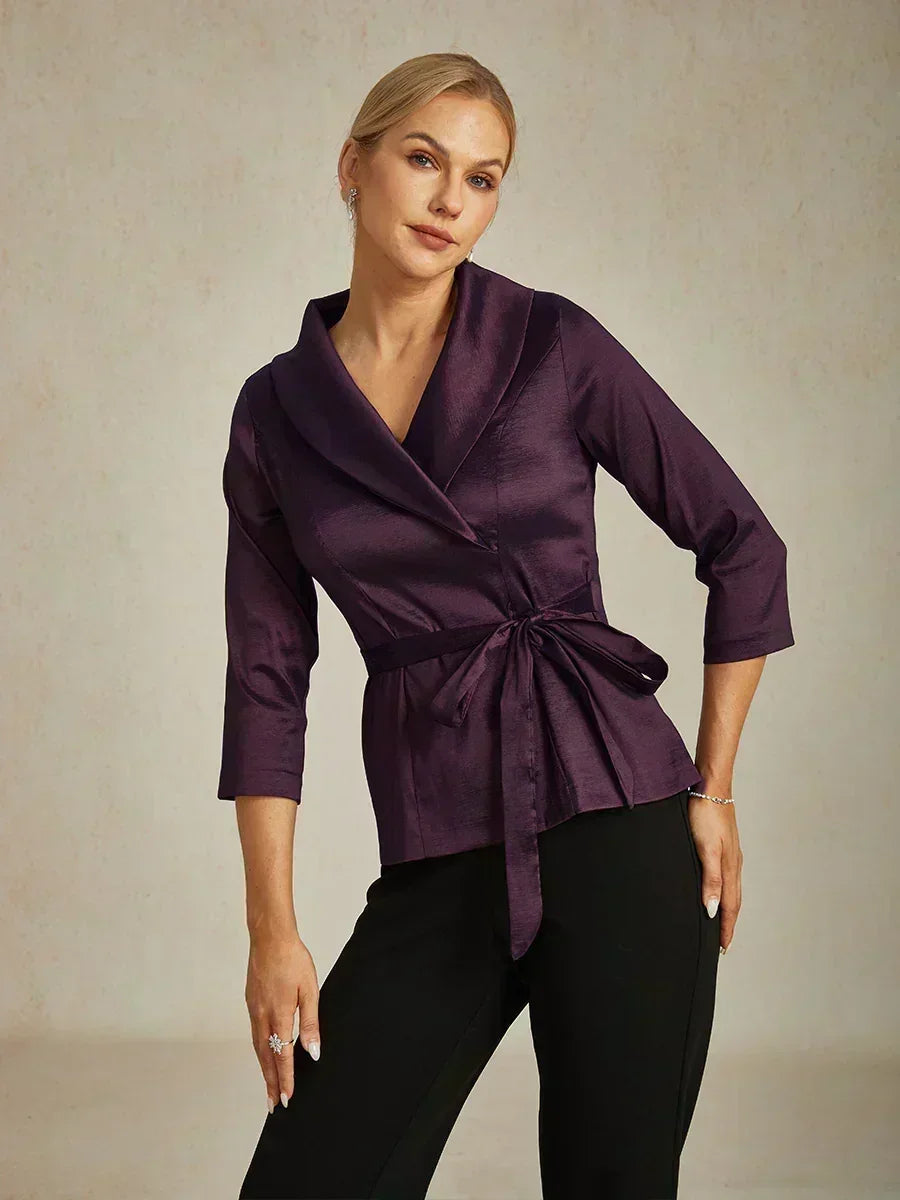 3/4 Sleeve Stretch Taffeta Blouse with Tie Waist Detail