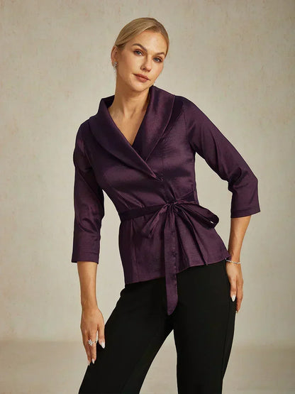 3/4 Sleeve Stretch Taffeta Blouse with Tie Waist Detail