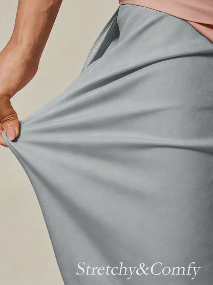 Cropped Length Straight Leg Pant With Chiffon Split Leg Overlay
